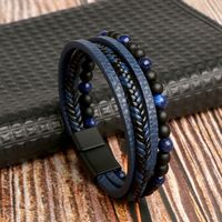 Fashion Round Pu Leather Alloy Tiger Eye Beaded Men's Bracelets sku image 7