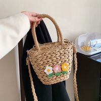 Women's Medium Summer Straw Solid Color Vacation Flowers Bucket String Bucket Bag main image 4