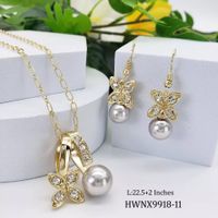 1 Set Retro Geometric Imitation Pearl Metal Inlay Zircon Women's Earrings Necklace sku image 7