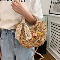 Women's Medium Straw Flower Bow Knot Fashion Weave Oval String Straw Bag sku image 4