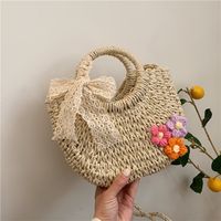 Women's Medium Straw Flower Bow Knot Fashion Weave Oval String Straw Bag sku image 1