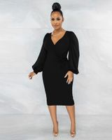 Fashion Solid Color V Neck Long Sleeve Zipper Polyester Midi Dress Regular Dress main image 5