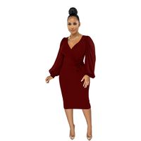 Fashion Solid Color V Neck Long Sleeve Zipper Polyester Midi Dress Regular Dress main image 3