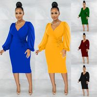 Fashion Solid Color V Neck Long Sleeve Zipper Polyester Midi Dress Regular Dress main image 1