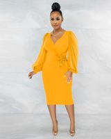 Fashion Solid Color V Neck Long Sleeve Zipper Polyester Midi Dress Regular Dress sku image 12