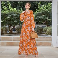 Women's Floral Dress Elegant Shirt Collar Printing Pleated Long Sleeve Flower Maxi Long Dress Casual Daily main image 1