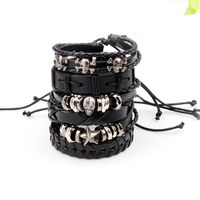 6 Piezas Retro Cráneo Cuero Sintético Aleación Hecho A Mano Hombres Pulsera main image 5