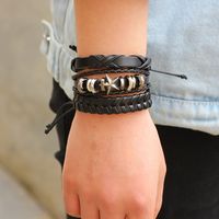 6 Piezas Retro Cráneo Cuero Sintético Aleación Hecho A Mano Hombres Pulsera main image 2