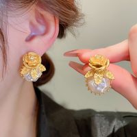 Retro Flower Alloy Plating Inlay Artificial Pearls Women's Ear Studs sku image 15