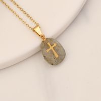 Retro Cross Stainless Steel Natural Stone Turquoise Pendant Necklace sku image 2