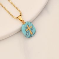 Retro Cross Stainless Steel Natural Stone Turquoise Pendant Necklace sku image 9