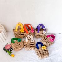 Kid's Small Spring&summer Straw Solid Color Cute Flowers Bucket Open Straw Bag main image 1