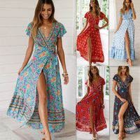 Women's Streetwear V Neck Printing Patchwork Short Sleeve Printing Maxi Long Dress Street main image 1