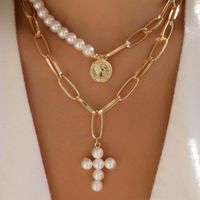 Elegant Simple Style Classic Style Cross Imitation Pearl Alloy Women's Layered Necklaces main image 1