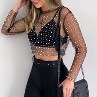 Women's Blouse Long Sleeve Blouses Pearl See-through Diamond Fashion Solid Color Without Bra main image 4