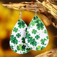 1 Pair Fashion Shamrock Water Droplets Flower Pu Leather Printing St. Patrick Women's Drop Earrings main image 1