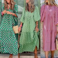 Women's Regular Dress Fashion Round Neck Printing Ruffles Half Sleeve Stripes/plaid Maxi Long Dress Daily main image 1