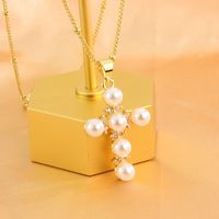 Retro Cross Copper 18k Gold Plated Freshwater Pearl Pendant Necklace In Bulk main image 3