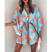 Women's Bat Dress Sexy V Neck 3/4 Length Sleeve Flower Above Knee Holiday sku image 11