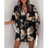 Women's Bat Dress Sexy V Neck 3/4 Length Sleeve Flower Above Knee Holiday sku image 7