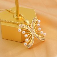 Sweet Butterfly Copper Plating Pearl Zircon 18k Gold Plated Pendant Necklace main image 2