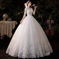 Robe De Fête Élégant Mode Col Rond Broderie Dentelle Demi Manche Couleur Unie Maxi Longue Robe Mariage Formel main image 4