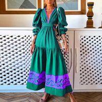 Women's A-line Skirt Fashion V Neck Printing Long Sleeve Printing Color Block Maxi Long Dress Daily sku image 12