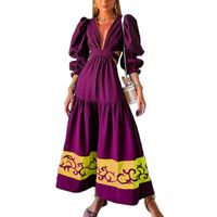 Women's A-line Skirt Fashion V Neck Printing Long Sleeve Printing Color Block Maxi Long Dress Daily main image 5