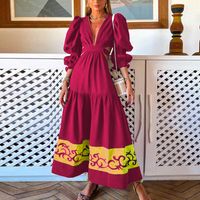 Women's A-line Skirt Fashion V Neck Printing Long Sleeve Printing Color Block Maxi Long Dress Daily sku image 5