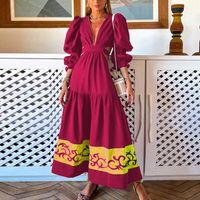 Femmes Jupe Trapèze Mode Col En V Impression Manche Longue Impression Bloc De Couleur Maxi Longue Robe Du Quotidien sku image 8