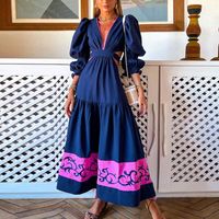 Women's A-line Skirt Fashion V Neck Printing Long Sleeve Printing Color Block Maxi Long Dress Daily sku image 3