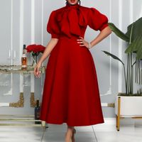 Women's Regular Dress Elegant Turtleneck Bowknot Short Sleeve Solid Color Midi Dress Daily main image 3