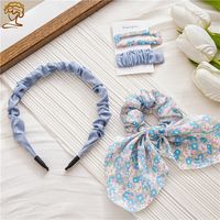 Fashion Ditsy Floral Bow Knot Cloth Printing Pleated Hair Clip Hair Band Hair Tie 1 Set sku image 4