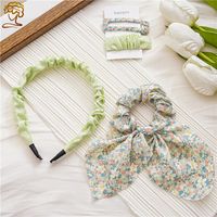 Fashion Ditsy Floral Bow Knot Cloth Printing Pleated Hair Clip Hair Band Hair Tie 1 Set sku image 5