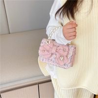 Women's Cotton And Linen Bow Knot Cute Pearls Square Flip Cover Crossbody Bag main image 3