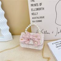 Women's Cotton And Linen Bow Knot Cute Pearls Square Flip Cover Crossbody Bag sku image 1