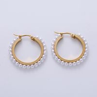 1 Pair Fashion Round Plating Inlay Stainless Steel Artificial Pearls 18k Gold Plated Hoop Earrings sku image 1