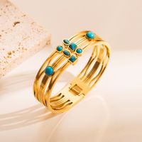 Fashion Stainless Steel Inlay Turquoise Gold Plated Bangle sku image 3