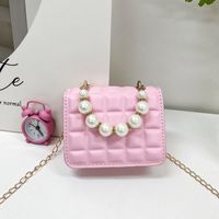 Girl's Small Pu Leather Solid Color Lingge Cute Pearls Zipper Crossbody Bag sku image 2