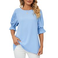 Women's Chiffon Shirt 3/4 Length Sleeve Blouses Lettuce Trim Casual Solid Color main image 3