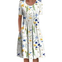 Fashion Ditsy Floral Round Neck Short Sleeve Printing Polyester Midi Dress Pleated Skirt main image 4