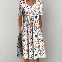 Fashion Ditsy Floral Round Neck Short Sleeve Printing Polyester Midi Dress Pleated Skirt main image 2