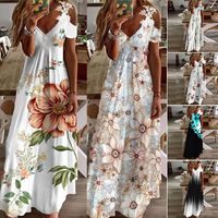 Fashion Flower V Neck Short Sleeve Printing Polyester Maxi Long Dress A-line Skirt main image 6