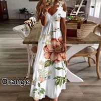 Fashion Flower V Neck Short Sleeve Printing Polyester Maxi Long Dress A-line Skirt main image 3