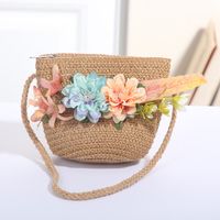 Women's Mini Straw Flower Bow Knot Fashion Bucket Zipper Shoulder Bag Handbag Crossbody Bag sku image 16