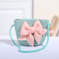 Women's Mini Straw Flower Bow Knot Fashion Bucket Zipper Shoulder Bag Handbag Crossbody Bag sku image 4