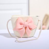 Women's Mini Straw Flower Bow Knot Fashion Bucket Zipper Shoulder Bag Handbag Crossbody Bag sku image 2