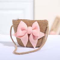 Women's Mini Straw Flower Bow Knot Fashion Bucket Zipper Shoulder Bag Handbag Crossbody Bag sku image 6