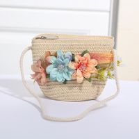 Women's Mini Straw Flower Bow Knot Fashion Bucket Zipper Shoulder Bag Handbag Crossbody Bag sku image 13