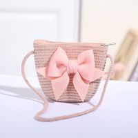 Women's Mini Straw Flower Bow Knot Fashion Bucket Zipper Shoulder Bag Handbag Crossbody Bag sku image 5